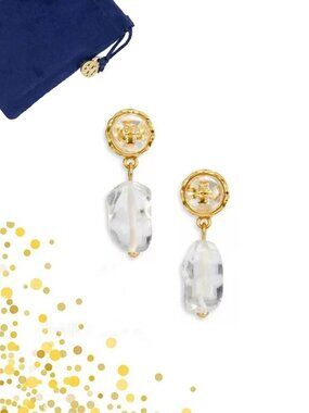 TORY BURCH Roxanne Stone & Logo Drop Earrings NWOT